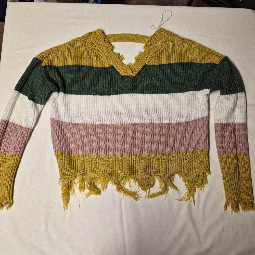 Full Circle Trends Womens Medium Distressed Striped Shaker Knit Sweater‎ Mustard